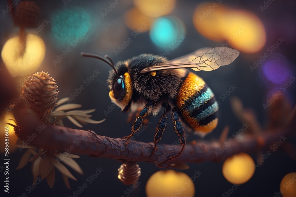 Poster bee on a tree limb, bokeh effect, close-up. generative ai