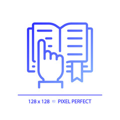 Obraz na płótnie Canvas STEM in reading pixel perfect gradient linear vector icon. Curriculum including science. Education activity. Thin line color symbol. Modern style pictogram. Vector isolated outline drawing