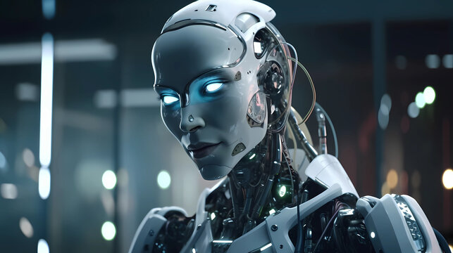 AI robot with glowing eyes before wearing artificial sebum.
Generative AI.