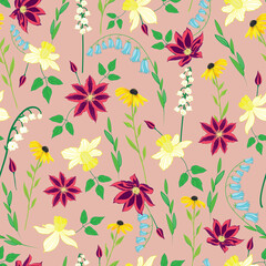 Raster illustration. Clematis, lily of the valley, daffodils, bluebells and black eye Susan flowers on  light purple  background