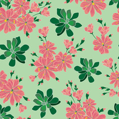 Raster illustration. Pink Lewisia flower seamless repeat pattern with leaves on mint green background.