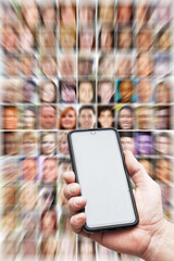 hand with smartphone and wall of people, social media and social networking concept