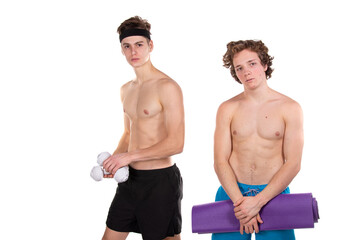 Fototapeta na wymiar Two young attractive guys go in for sports. White background.