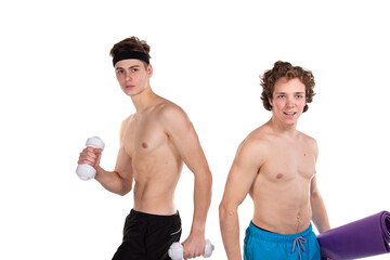 Fototapeta na wymiar Two young attractive guys go in for sports. White background.