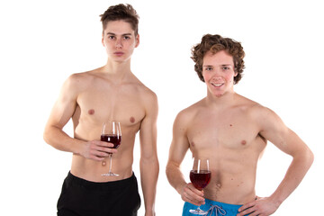 Fototapeta na wymiar Two young attractive guys are drinking red wine. White background.