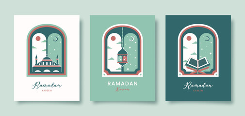 Ramadan Kareem. Set of Islamic greeting card with Quran, mosque, lantern. Vector holiday illustration in green colors for greeting card, poster and banner.