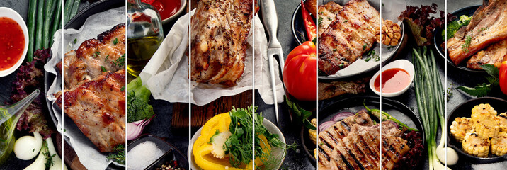 Collage made of grilled pork meat with vegetables.