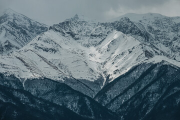 View of the mountains from the plateau in Verkhnyaya Teberda of the Karachay-Cherkessia Republic