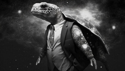 Turtle in a suit on a black background. AI Generative.