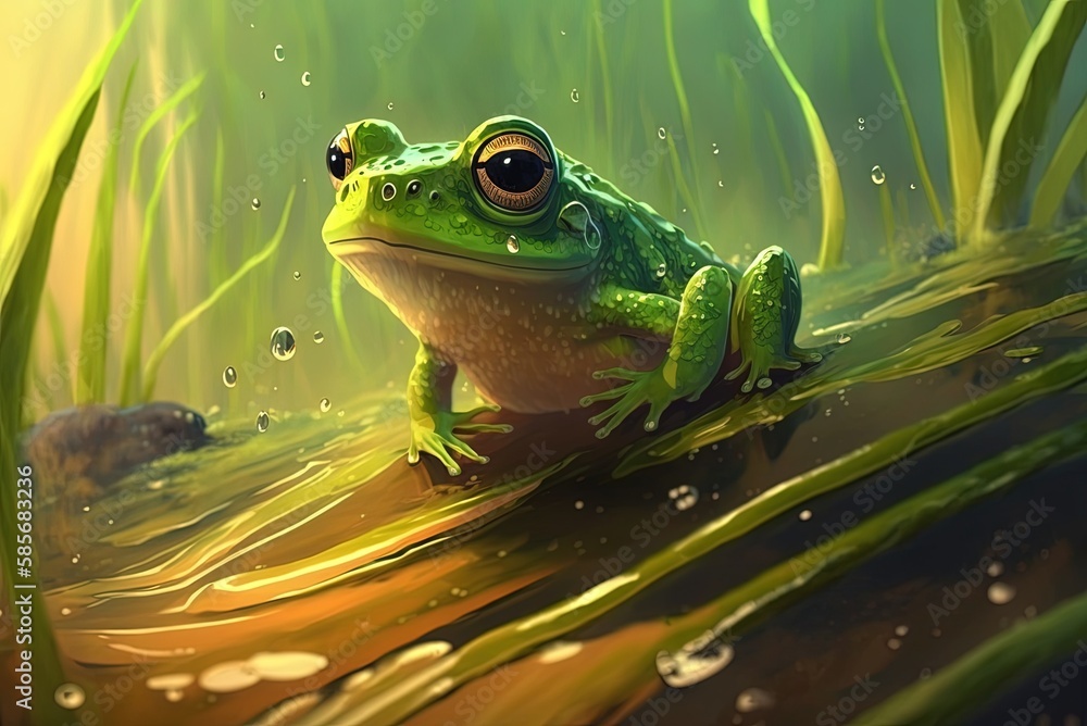 Poster image of a frog in closeup sitting on a slippery surface in the wild generative ai