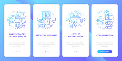 Disruption action plan blue gradient onboarding mobile app screen. Supply chain walkthrough 4 steps graphic instructions with linear concepts. UI, UX, GUI template. Myriad Pro-Bold, Regular fonts used