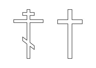 Christian and catholic cross, silhouette single line drawing. Traditional religion symbol. Church sign cross one line art. Vector illustration