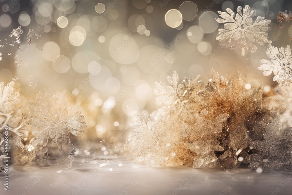 Poster close-up view of snowflakes resting on a table surfac. generative ai
