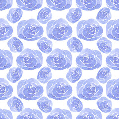 Blue abstract rose seamless pattern. Hand drawn watercolor isolated on white background. Can be used for wrapping, patterns, textile.