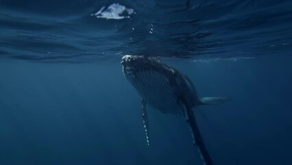 calf humpback whale swims very close underwater 4k