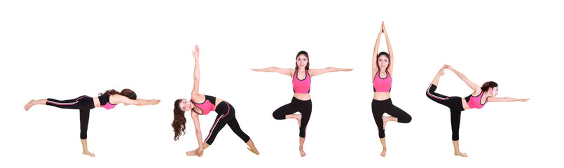 set of young woman doing yoga exercise on transparent background png file