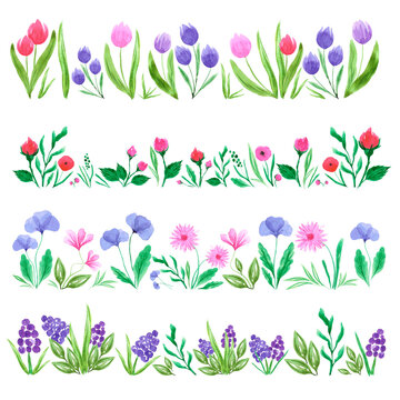 Abstract flowers composition. Hand drawn watercolor tulip, poppy, rose, hyacinth, daisy isolated on white background. Can be used for wrapping, patterns, textile.