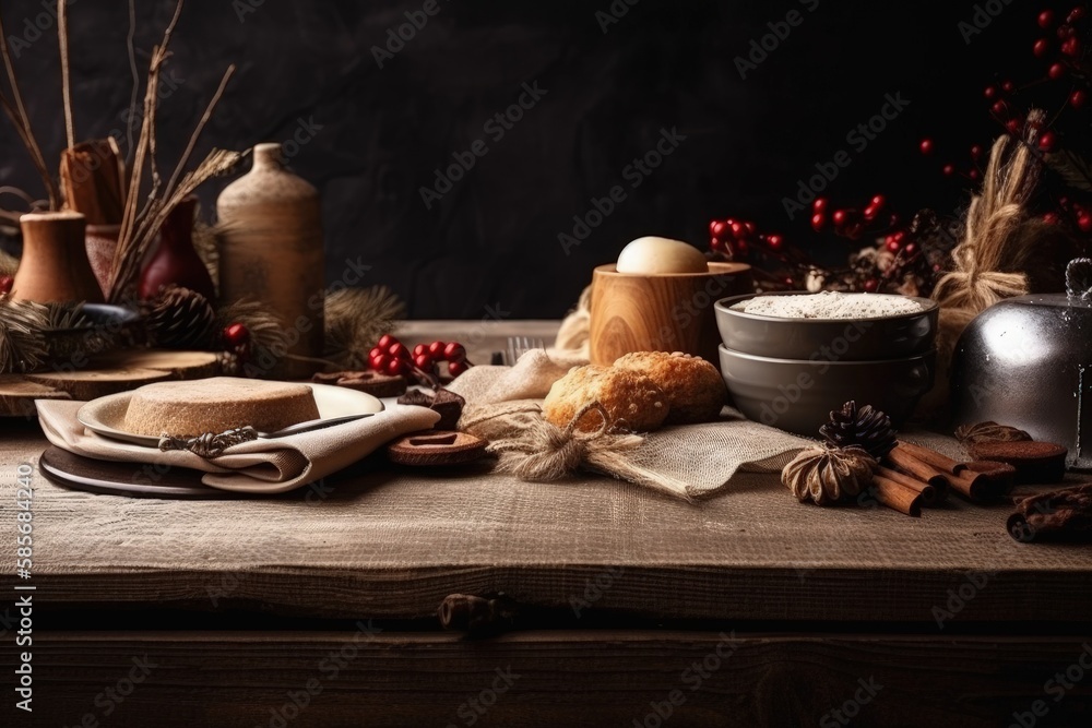 Poster table setting with a bowl of food and plate of bread. generative ai