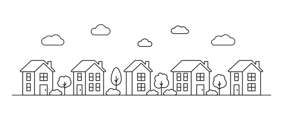Neighborhood big house, line art. Street building, real estate architecture, apartment. Facade home in country city landscape. Vector illustration