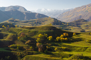 Mountain landscape with green agricultural terraces on the slopes in the Caucasus mountains.
