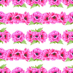Hand drawn watercolor pink anemone flower seamless pattern. Isolated on white background. Can be used for textile, fabric, wrapping paper.