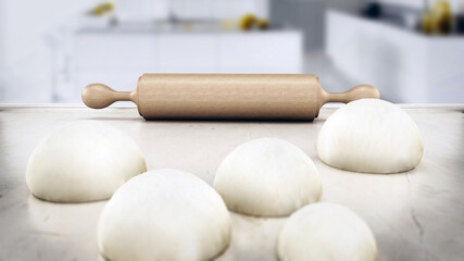 Fototapeta na wymiar Rolling pin and fresh doughs standing on white table. 3D illustration