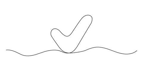 Tick, check mark continuous one line drawing. Approved and verification icon. Selection, control, choice right. Vector illustration