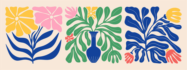 Fototapeta na wymiar Groovy doodle and abstract organic plant shapes art set. Matisse floral posters in trendy retro 60s 70s style.