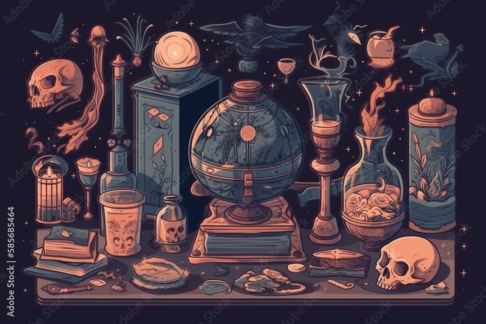 Poster cluttered table filled with various objects and items. Generative AI