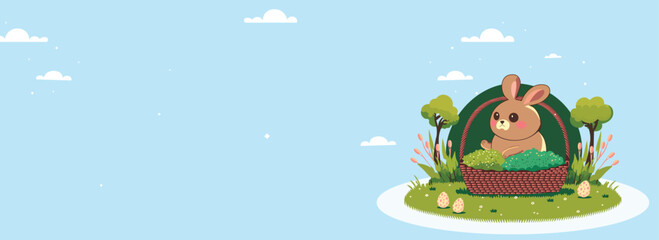 Cute Chubby Rabbit Character In Wicker Basket, Eggs On Nature View And Cyan Background With Copy Space.