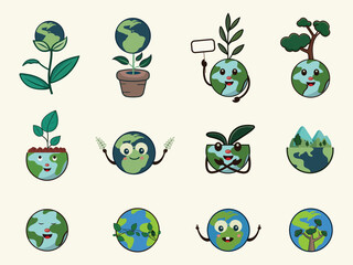 Save Earth or Environment With Plant Icon Set On Cosmic Latte Background.
