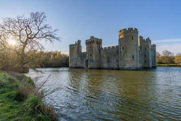 Bodiam Castle, 14th-century medieval fortress with moat and soaring towers in Robertsbridge, East Sussex, England.