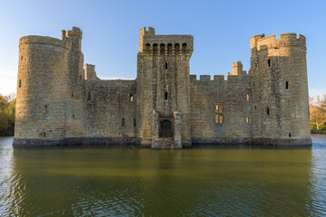 Bodiam Castle, 14th-century medieval fortress with moat and soaring towers in Robertsbridge, East Sussex, England.