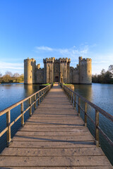 Bodiam Castle, 14th-century medieval fortress with moat and soaring towers in Robertsbridge, East Sussex, England.