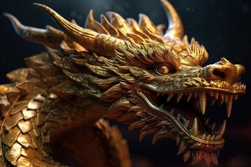 Fototapeta premium detailed golden dragon statue. Generative AI