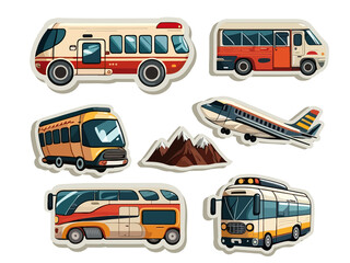 Collection of Transport Like As Bus, Airplane And Mountain Icons In Sticker Style.