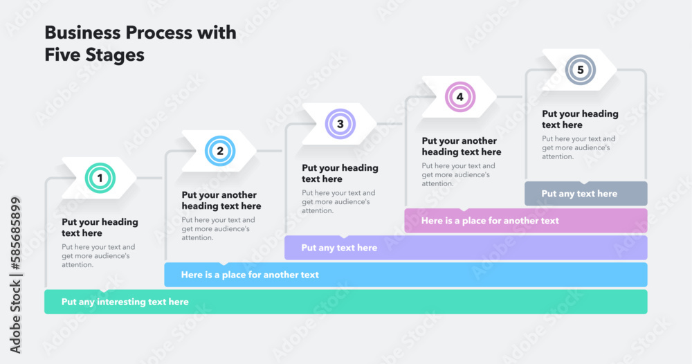 Poster Modern business process template with five colorful stages. Simple flat template for data visualization.
