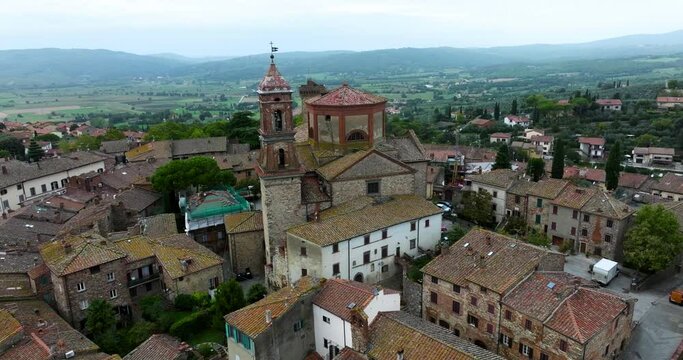 Ancient Stone Buildings In Lucignano, Italy - aerial drone shot