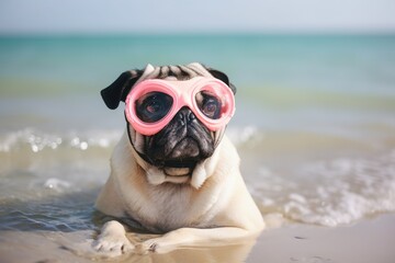 Fototapeta na wymiar Funny pug with swimming googles on the sea beach. Summer holiday. generative ai
