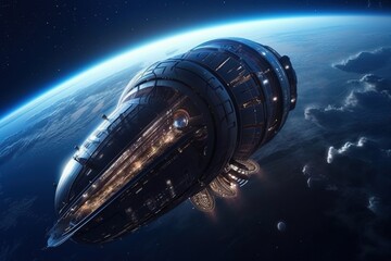Fototapeta premium Colonisation of another planet in space with spaceship. generative ai