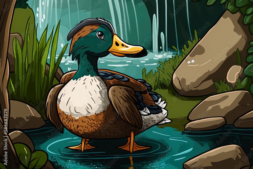 Poster an up-close look at a duck in a zoo's pond generative ai