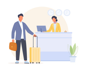 Man character arriving hotel. Business Trip concept