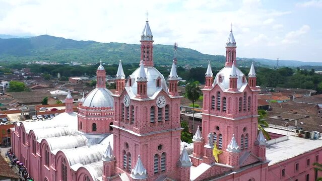 Clock tower of Basilica church-The lord of miracles. 4K-Aerial shot(Buga-Colombia)