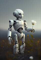 Naklejka premium A romantic robot with a flower in his hand. AI Generated