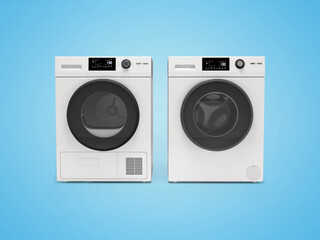 3d illustration washing machine machine and clothes dryer front view on blue background with shadow