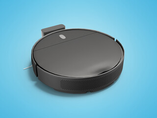 3D illustration of black slim robot vacuum cleaner for wet cleaning perspective view on blue background with shadow
