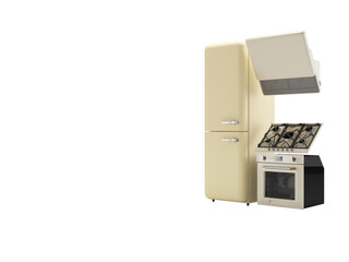 3d illustration of group of household appliances, refrigerator, gas stove, kitchen hood on white background no shadow