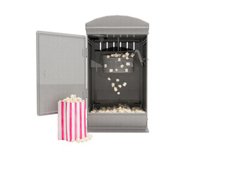 3D illustration of popcorn machine with kettle with bag of popcorn on white background no shadow
