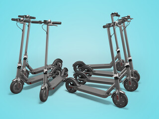 3d illustration of set of modern new electric scooters on blue background with shadow