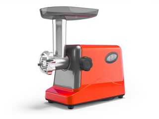 3D illustration of red electric meat grinder in the kitchen on white background with shadow